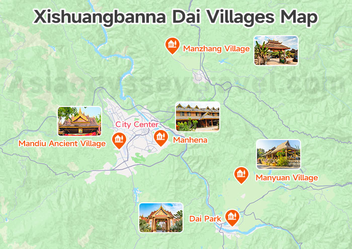 Xishuangbanna Dai Villages Map: Dai villages around Jinghong