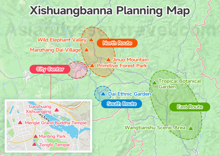 Xishuangbanna Color-coded planning map — four zones with attractions grouped by route