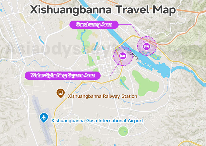 Xishuangbanna Travel Map — airport, railway station, main roads, and city center