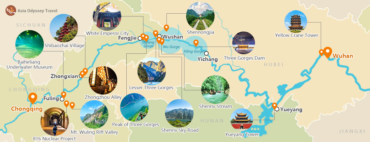 Yangtze River Cruise Map between Chongqing and Wuhan