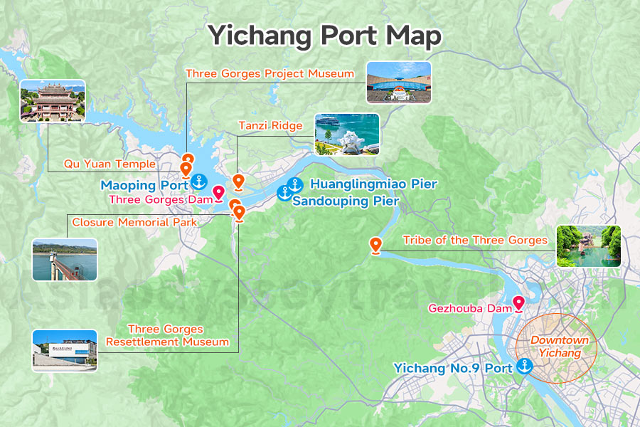 Different Ports of Yangtze River in Yichang on a Map