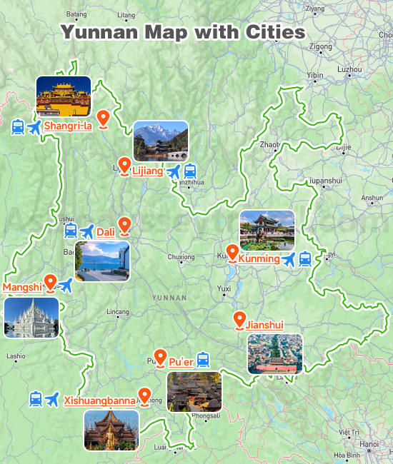 Yunnan Map with Cities Shows Location with Pictures