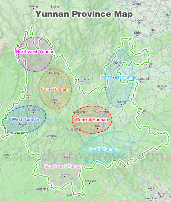 Yunnan Province Map with 7 Travel Zones