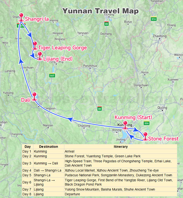 Classic Yunnan Travel Plan on Google Map