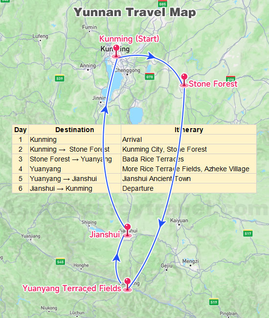 Kunming Loop Travel Plan on Google Map