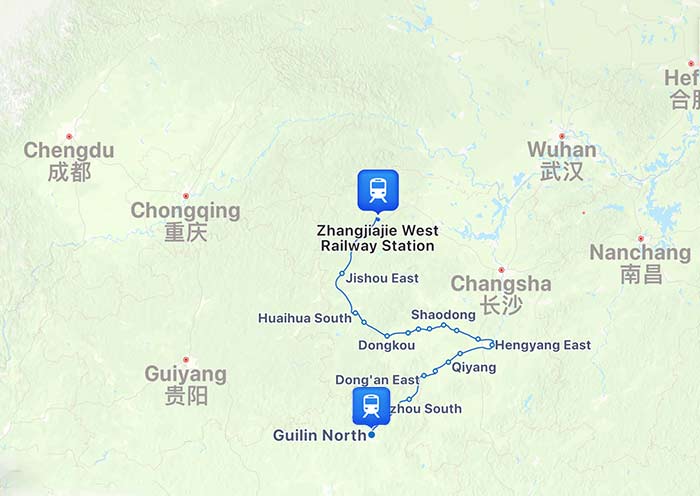 Zhangjiajie to Guilin High Speed Train Map
