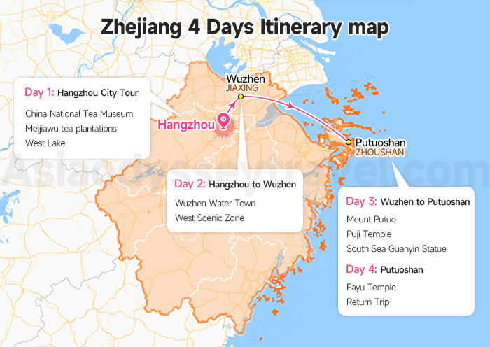 Zhejiang 4-day Itinerary Map