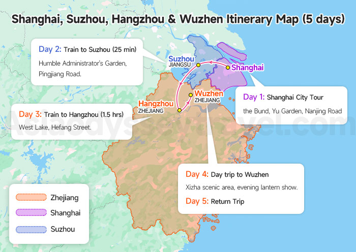 Zhejiang Itinerary 5-day Map