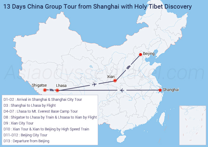 13 Days Shanghai Tibet Xian Beijing Group Tour Map